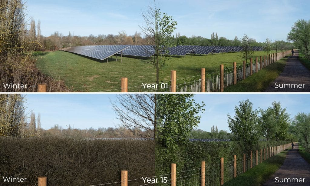 A verified view showing a proposed solar farm. Includes year 01 and year 15 vegetation. Includes winter and summer versions.